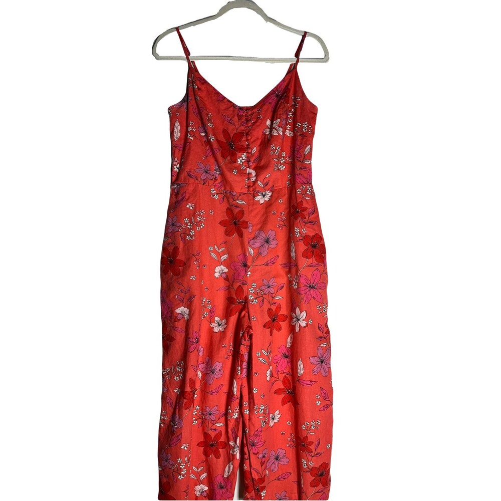 Banana Republic Linen Cotton Blend Coral Floral Jumpsuit Spaghetti Strap Size 10 - Picture 2 of 14